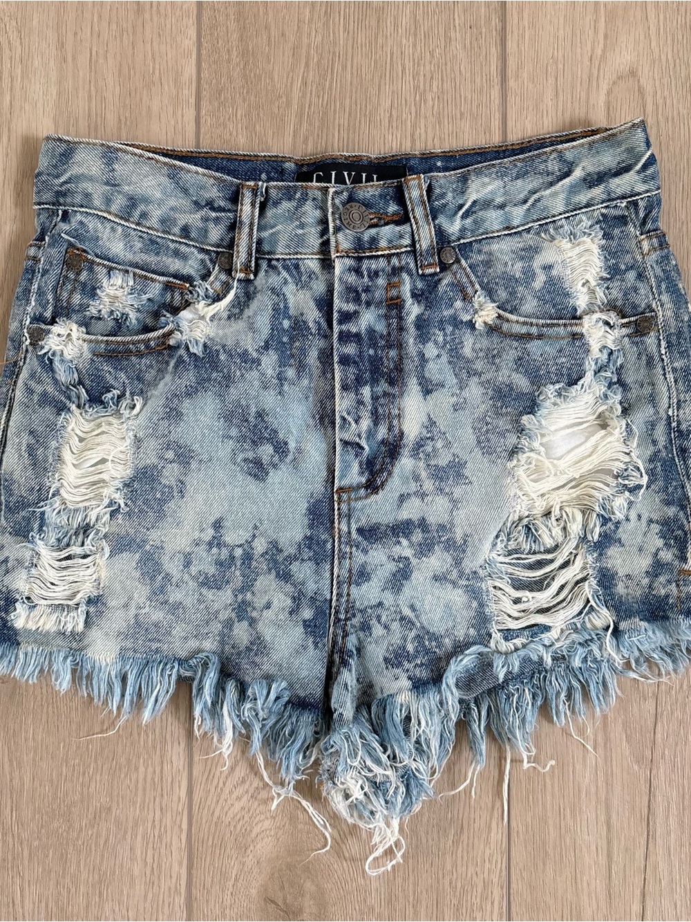 CIVIL Light Blue Acid-Wash Distressed Denim Shorts